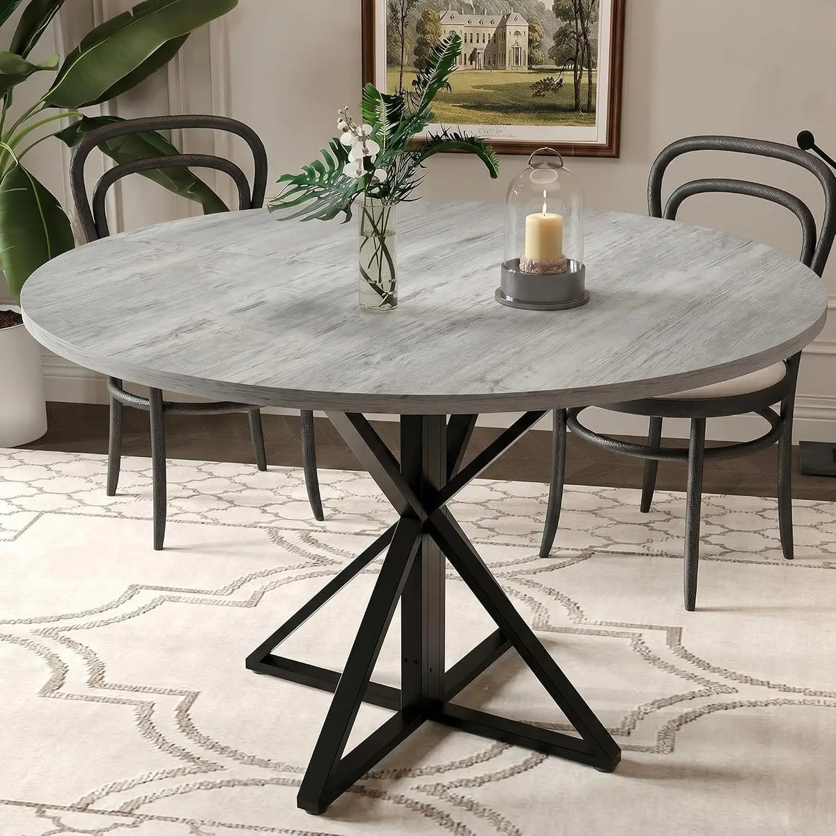 Tavolo da pranzo rotondo per 4-8 persone, tavolo da cucina con struttura a croce stabile, tavolo da pranzo salvaspazio dal design industriale, resistente e adatto per soggiorno e cucina.