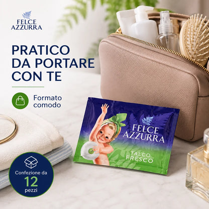 Confezione da 12 Felce Azzurra Talco Fresco in Busta 100 g, talco profumato per la cura quotidiana del corpo, 1,2 kg totali