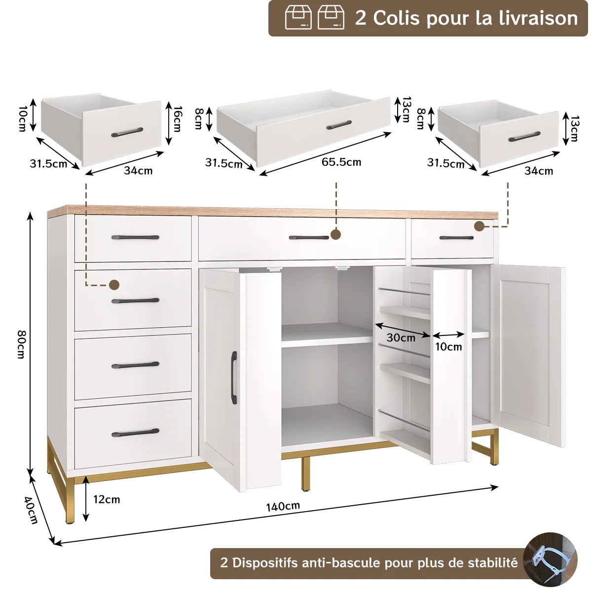 Mobile da Cucina Bianco Mihtrov, Credenza, Mobile Contenitore per Soggiorno, Piano di Lavoro e Due Cassetti, Adatto per Cucina/Soggiorno ﻿