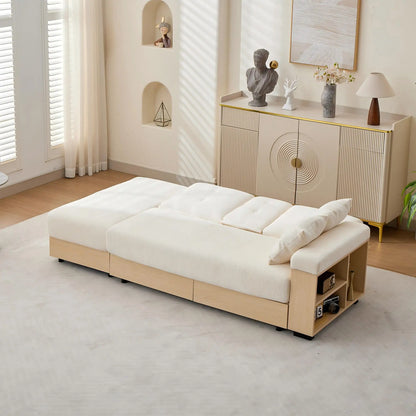Divano Living Landscape con contenitore e schienale regolabile 3X - Divano letto in ciniglia beige a 3 posti con cassetti, portabicchieri e sgabello contenitore, 217x110 cm per soggiorno e camera degli ospiti