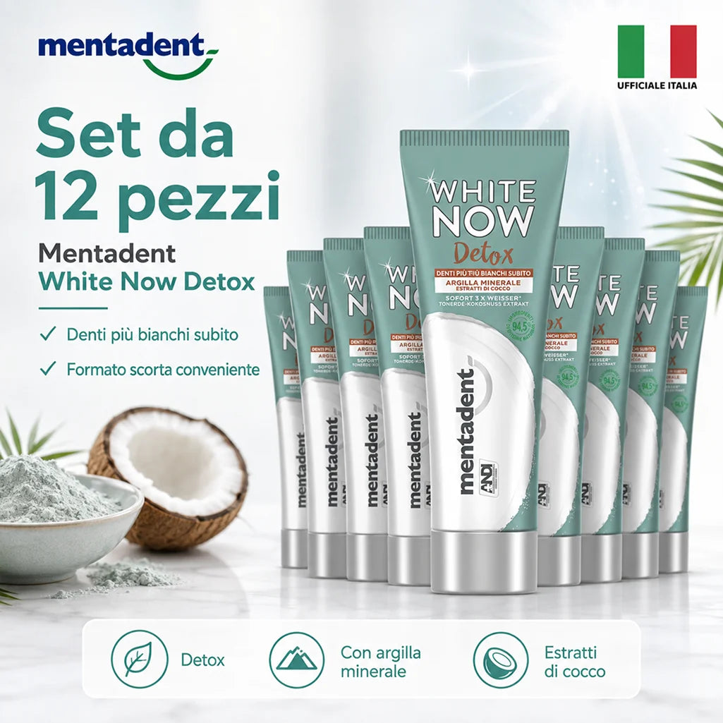 Confezione da 12 Mentadent White Now Detox Cocco 75 ml, dentifricio al gusto cocco per igiene orale quotidiana, 900 ml totali