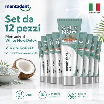 Confezione da 12 Mentadent White Now Detox Cocco 75 ml, dentifricio al gusto cocco per igiene orale quotidiana, 900 ml totali