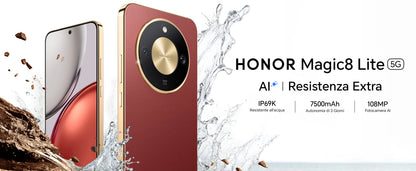 HONOR Magic8 Lite Smartphone 5G, Tripla Resistenza-IP69K, 7500 mAh, Fotocamera AI 108 MP con OIS, Display AMOLED da 6.79 Pollici Cellulari, AI Intelligente, Dual SIM, NFC
