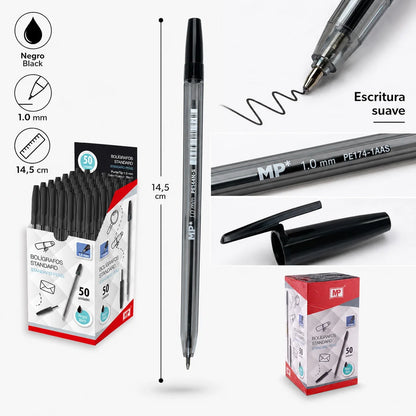 Confezione da 50 penne a sfera classiche, punta media, 1,0 mm. |     Penne a scrittura fluida per scuola, ufficio e studio |     Corpo trasparente, 14,5 cm (blu / nero / rosso).