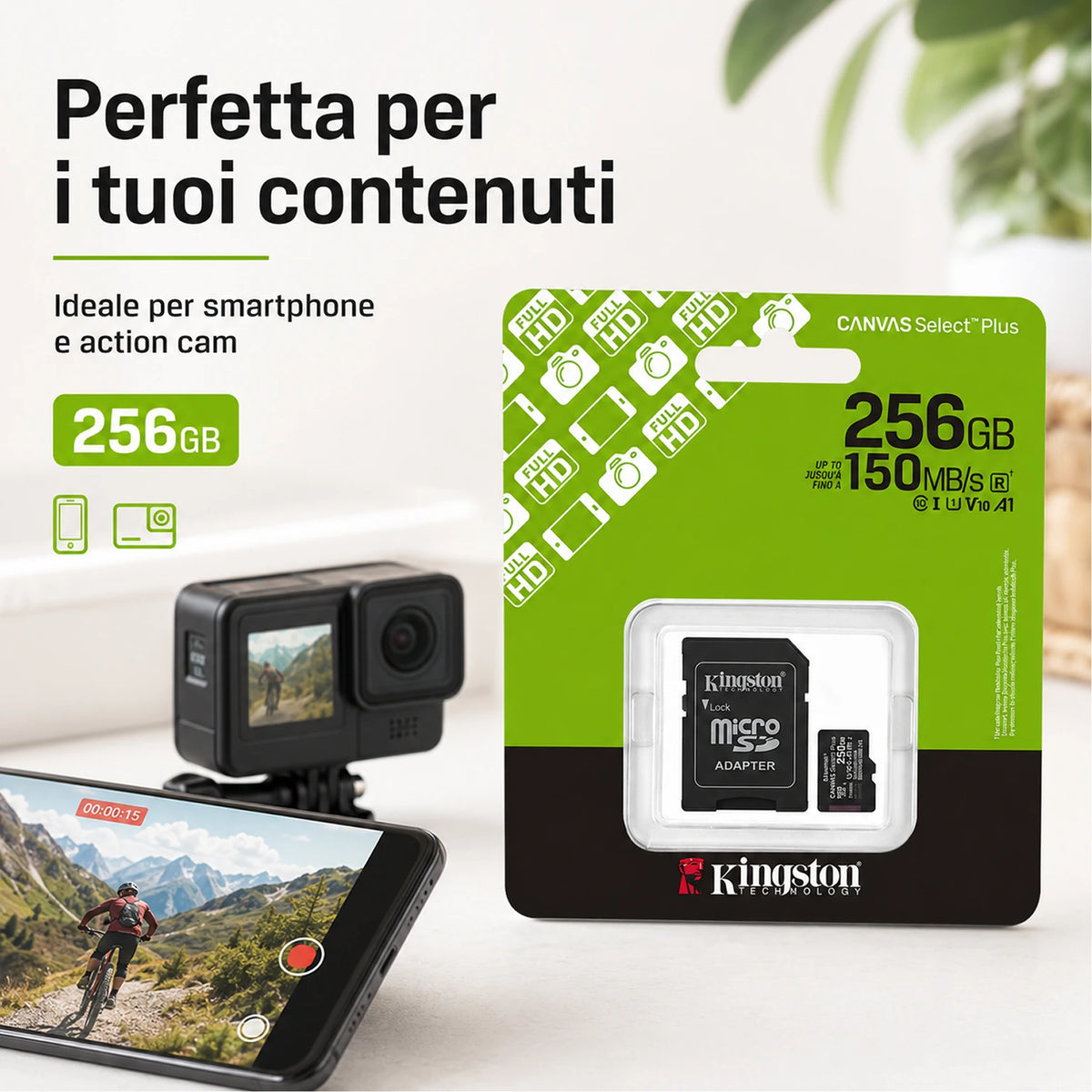 Confezione da 1 scheda di memoria Kingston Canvas Select Plus microSD 256 GB, microSDXC Gen3 UHS-I Class 10 A1 V10, 150 MB/s lettura, adattatore SD incluso