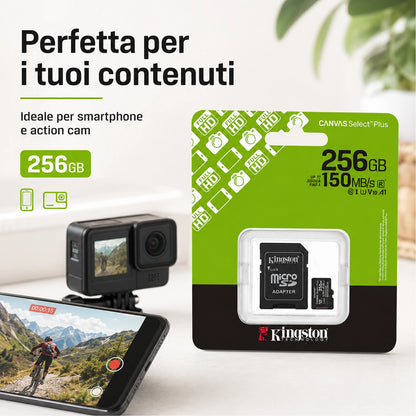 Confezione da 1 scheda di memoria Kingston Canvas Select Plus microSD 256 GB, microSDXC Gen3 UHS-I Class 10 A1 V10, 150 MB/s lettura, adattatore SD incluso