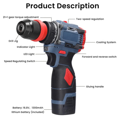 Trapano Cordless Brushless 16.8V 45Nm a 2 Velocità con Luce LED, Trapano Elettrico Ricaricabile per Fai-da-Te Domestico, Lavorazione del Legno e Foratura del Metallo con 2 Batterie da 1300mAh