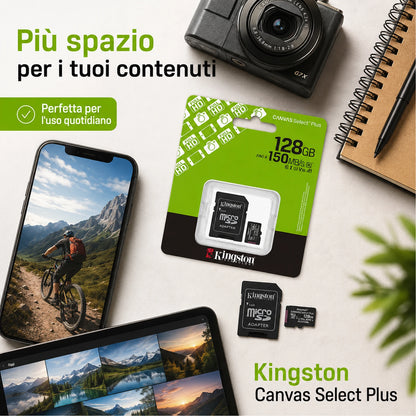 Confezione da 5 schede di memoria Kingston Canvas Select Plus microSD 128 GB, microSDXC Gen3 150 MB/s A1, adattatore SD incluso, SDCS3/128GB