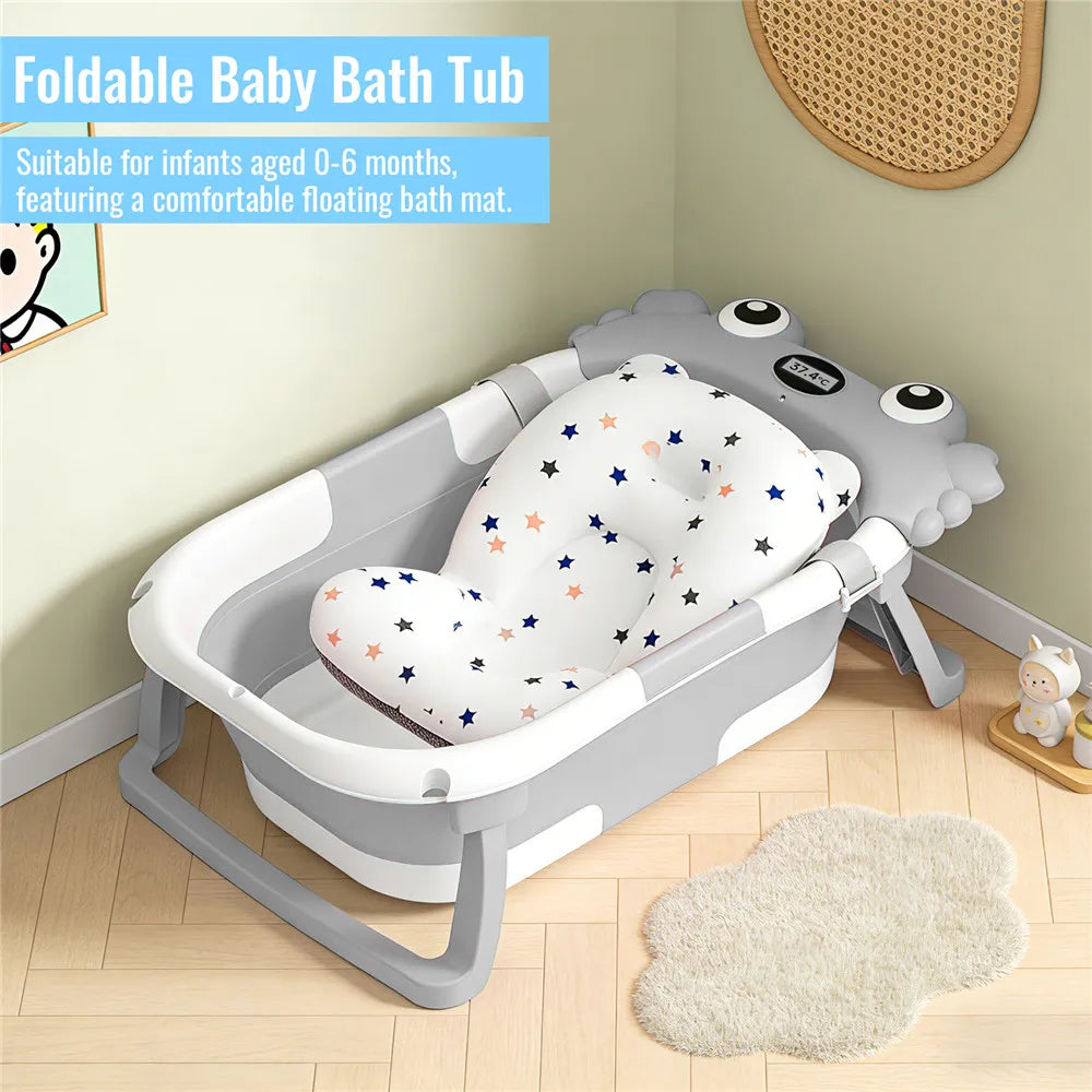 Vasca da Bagno Pieghevole per Neonati con Sensore di Temperatura e Tappetino Antiscivolo, Supporto Portatile per Doccia Neonati 0-36 Mesi, Piscina da Viaggio