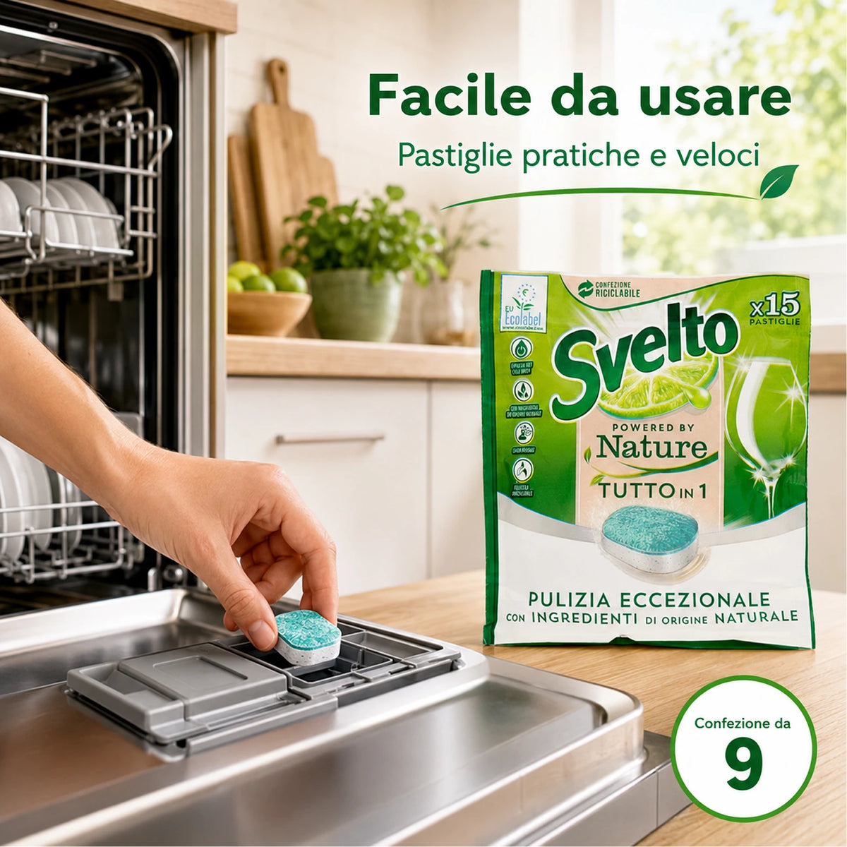 Confezione da 9 Svelto Tabs Tutto in 1 Regular, pastiglie lavastoviglie 15 pezzi, formato scorta per cucina, casa e uso quotidiano