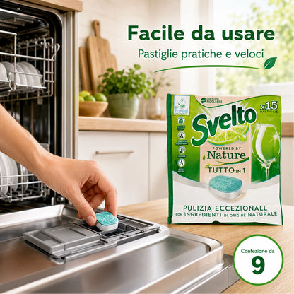 Confezione da 9 Svelto Tabs Tutto in 1 Regular, pastiglie lavastoviglie 15 pezzi, formato scorta per cucina, casa e uso quotidiano