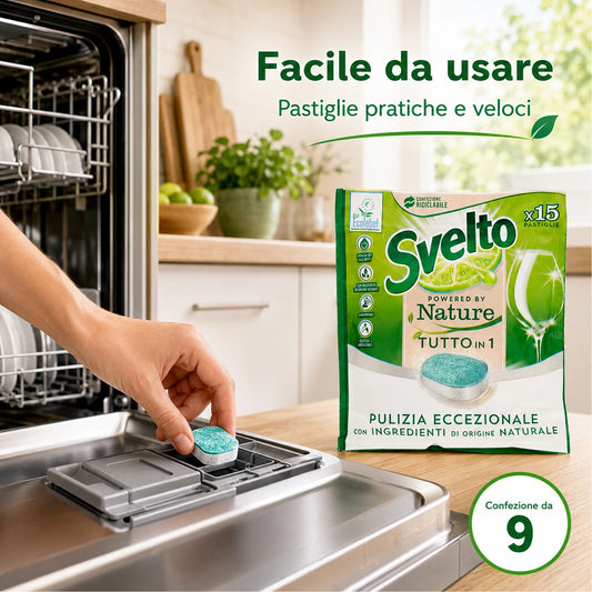 Confezione da 9 Svelto Tabs Tutto in 1 Regular, pastiglie lavastoviglie 15 pezzi, formato scorta per cucina, casa e uso quotidiano