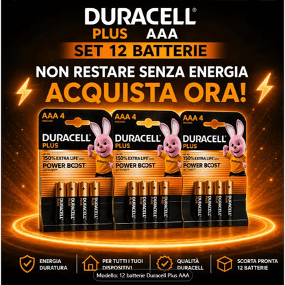 12 Batterie DURACELL Plus AAA – Confezione da 12 – 1.5 V Alcaline – Fino al +150 % di Durata – Active POWER BOOST