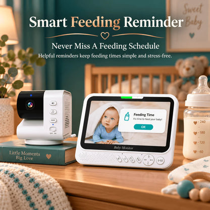 Monitor per bambini intelligente da 7 pollici con telecamera PTZ avanzata, zoom, sensore di temperatura, funzione di ninna nanna rilassante, visione notturna e audio bidirezionale. Offre una sorveglianza affidabile per la sic