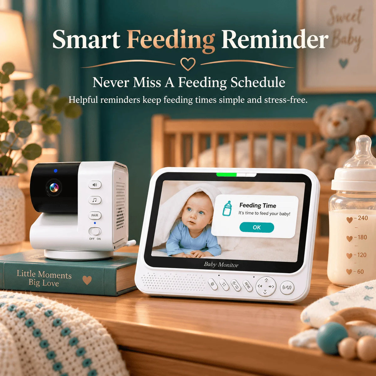 Monitor per bambini intelligente da 7 pollici con telecamera PTZ avanzata, zoom, sensore di temperatura, funzione di ninna nanna rilassante, visione notturna e audio bidirezionale. Offre una sorveglianza affidabile per la sic