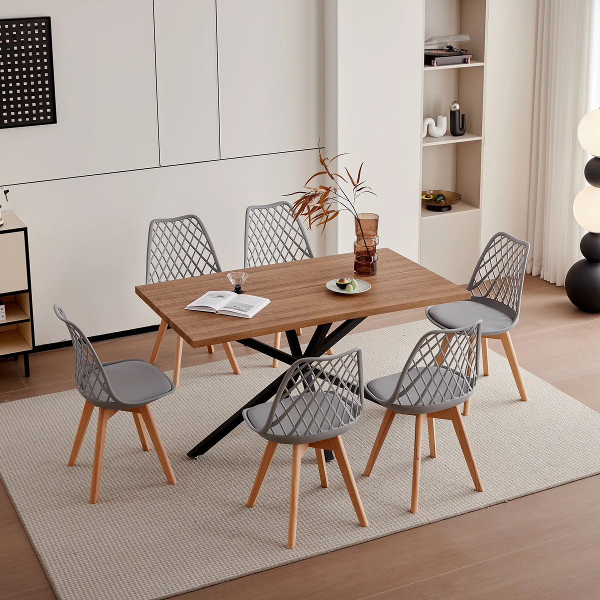 Set di 4/6 sedie da pranzo moderne con schienale in rete con gambe in legno massello e cuscini imbottiti, per sala da pranzo/camera da letto, sedia da caffè