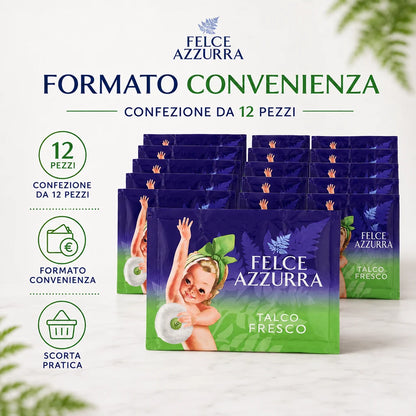 Confezione da 12 Felce Azzurra Talco Fresco in Busta 100 g, talco profumato per la cura quotidiana del corpo, 1,2 kg totali
