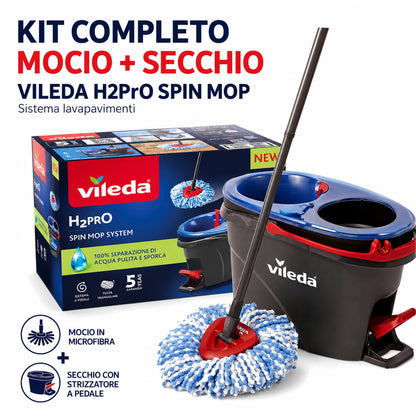 Confezione da 1 Vileda H2PrO Spin Mop System Complete, sistema completo con mocio rotante per la pulizia dei pavimenti duri sigillati