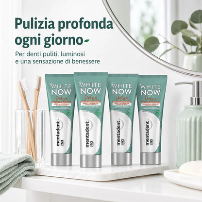 Confezione da 12 Mentadent White Now Detox Cocco 75 ml, dentifricio al gusto cocco per igiene orale quotidiana, 900 ml totali