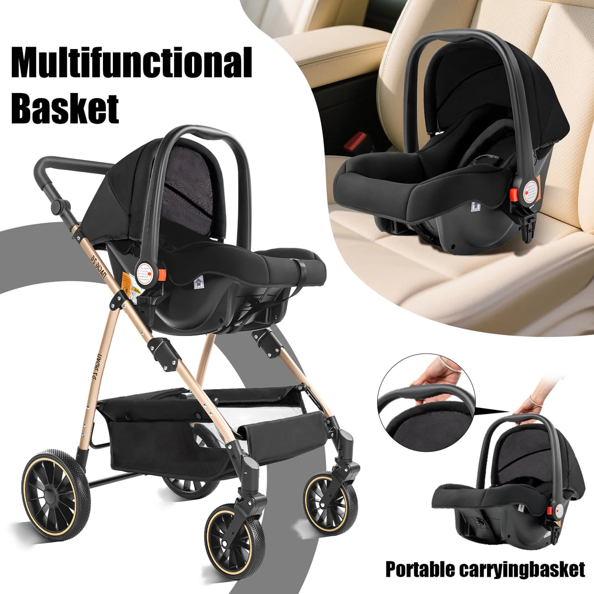 Passeggino 3-in-1 Pieghevole per Neonati con Seggiolino Auto, Sistema da Viaggio Leggero, Sicuro e Stabile, Nuovo Carrozzino