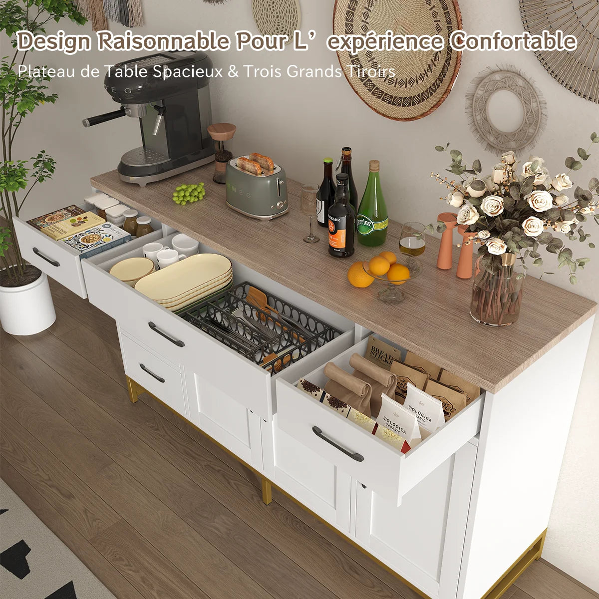 Mobile da Cucina Bianco Mihtrov, Credenza, Mobile Contenitore per Soggiorno, Piano di Lavoro e Due Cassetti, Adatto per Cucina/Soggiorno ﻿