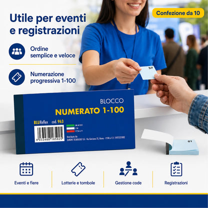 Confezione da 10 blocchi numerati 1/100 BLU963, blocchi da 100 fogli per ricevute, turni, magazzino, ufficio e attività commerciali