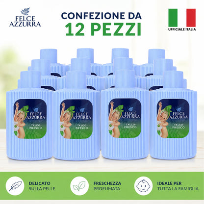 Confezione da 12 Felce Azzurra Talco Fresco 200 g, talco profumato per la cura quotidiana del corpo, 2,4 kg totali