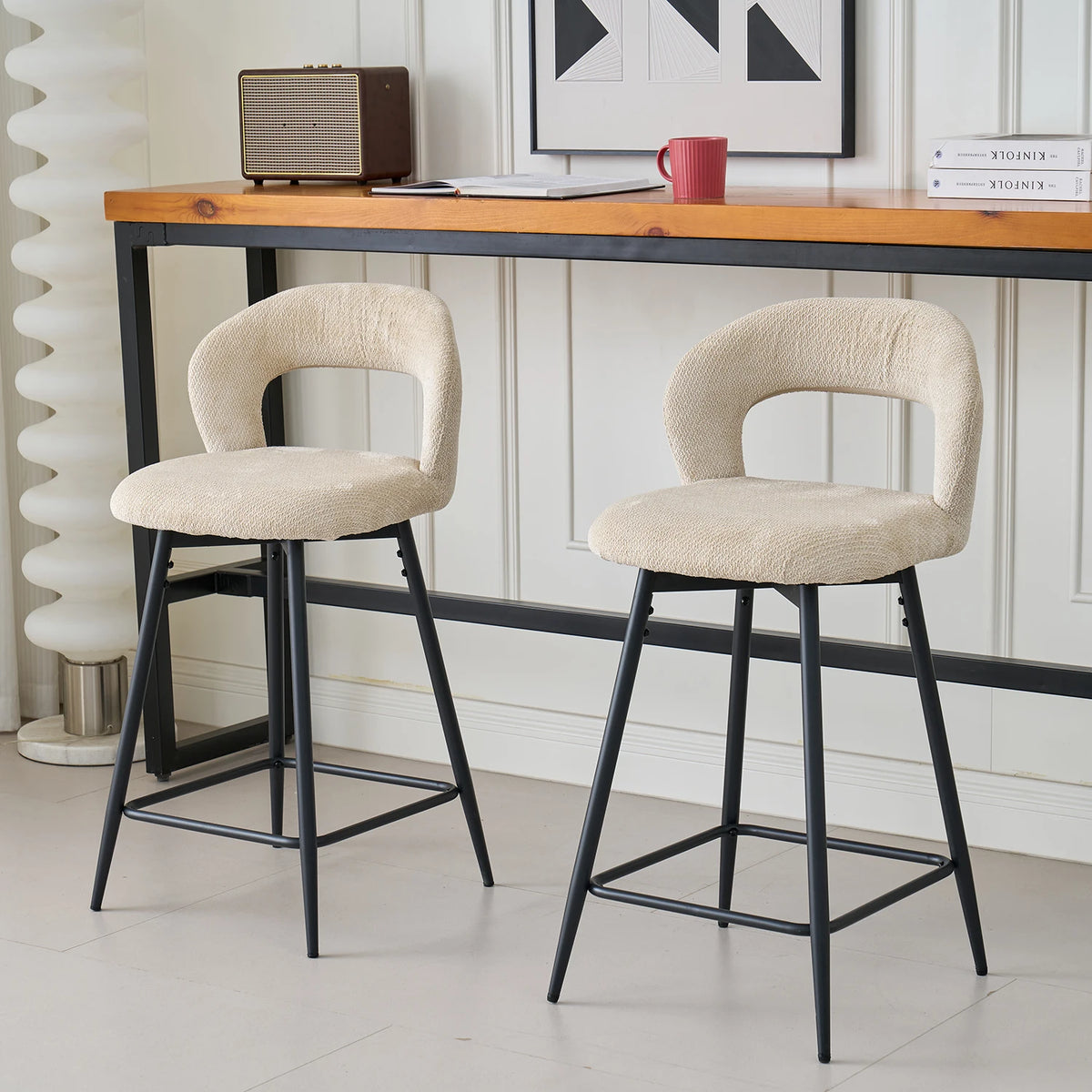 EGOONM Set da 2/4 sgabelli da bar girevoli in lino con schienale aperto e poggiapiedi, sedie da bar moderne imbottite per isola cucina, gambe in metallo nero