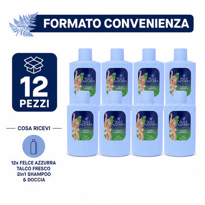 Confezione da 12 Felce Azzurra Talco Fresco 200 g, talco profumato per la cura quotidiana del corpo, 2,4 kg totali