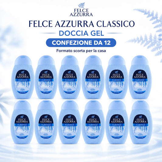 Confezione da 12 Felce Azzurra Doccia Classica 250 ml, bagnodoccia profumato per la detersione quotidiana, 3 L totali