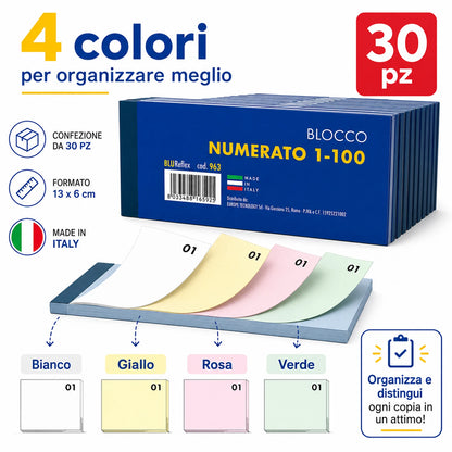 Confezione da 30 blocchi scontrino numerati 1-100, blocchi per ricevute, turni, magazzino, ufficio, negozi e attività commerciali