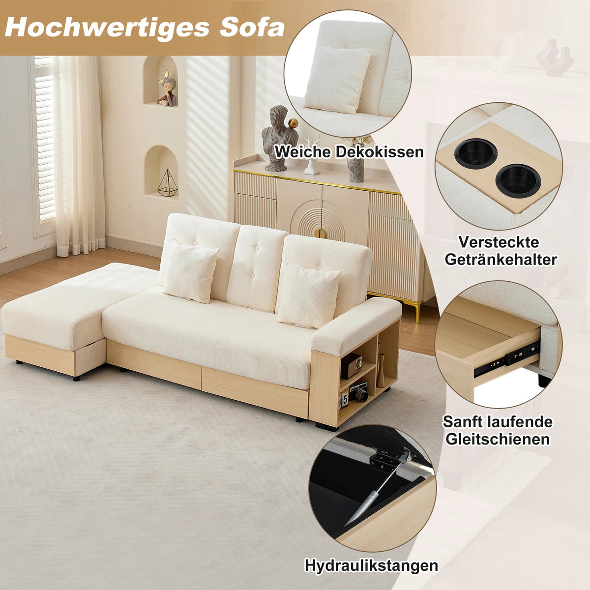 Divano Living Landscape con contenitore e schienale regolabile 3X - Divano letto in ciniglia beige a 3 posti con cassetti, portabicchieri e sgabello contenitore, 217x110 cm per soggiorno e camera degli ospiti