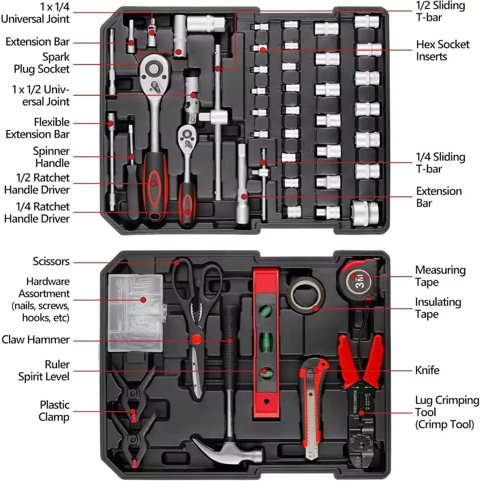Set di 799 utensili manuali per meccanici, con valigetta in alluminio, composto da chiavi, bussole, cacciaviti, pinze e martello, ideale per riparazioni domestiche, lavori fai-da-te, officine e autolavaggi.