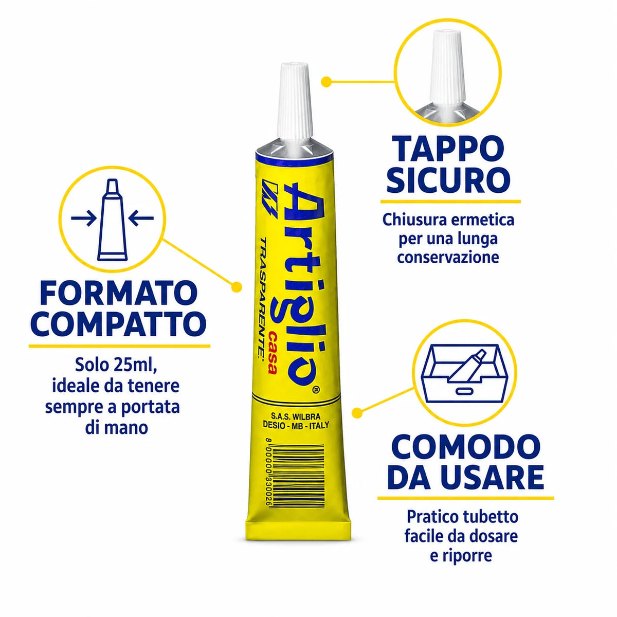 Confezione da 48 tubetti Colla Artiglio Bianca Wilbra 25 ml, adesivo in tubetto per lavori manuali, scuola, ufficio, bricolage e uso quotidiano