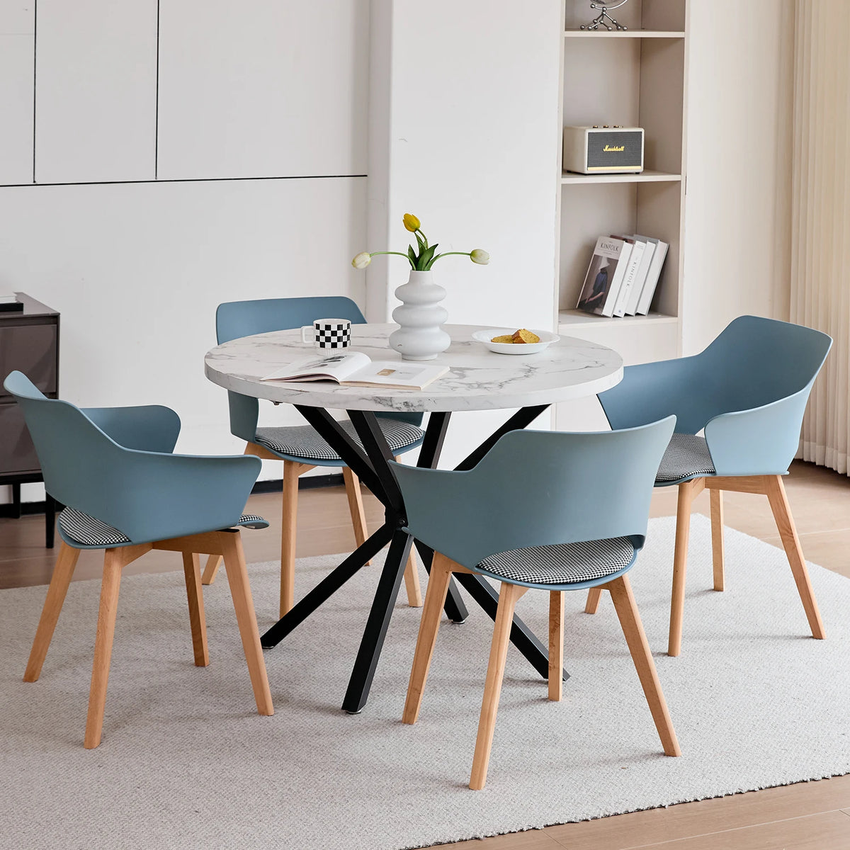 Sedie da pranzo moderne da 2 pezzi con braccioli - Guscio in PP + Gambe in legno + Cuscino in tessuto pied de poule per cucina, soggiorno, caffè