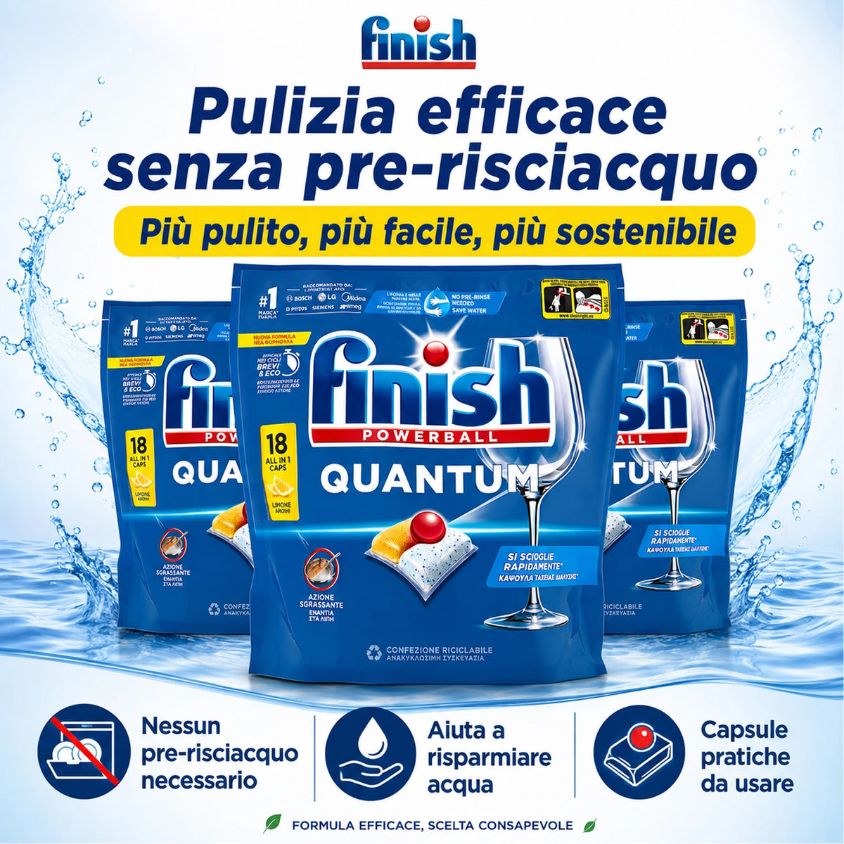 Confezione da 3 Finish Quantum Limone, 18 tabs per confezione, 54 pastiglie totali per lavastoviglie