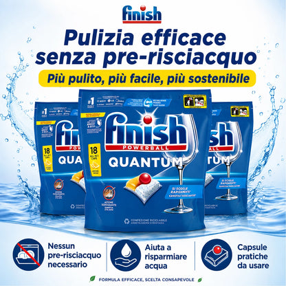 Confezione da 3 Finish Quantum Limone, 18 tabs per confezione, 54 pastiglie totali per lavastoviglie