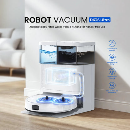 Teendow D63S ULTRA Robot Aspirapolvere e Lavapavimenti, Aspirazione 10000Pa, Super Aspirazione, Pulizia dei Bordi, Lavaggio e Asciugatura Automatica del Panno, Svuotamento Automatico, Adatto per Camper, Esterni e Casa