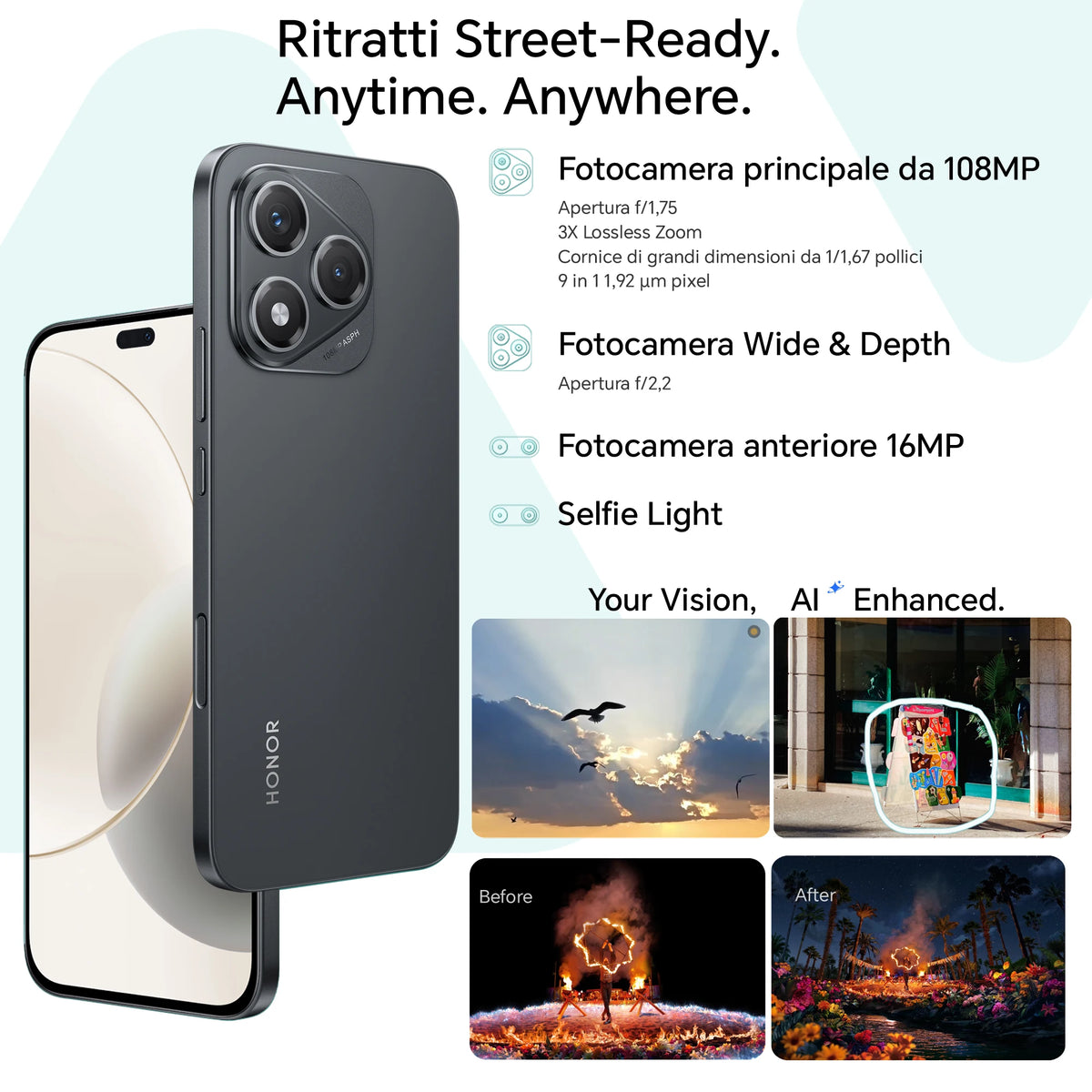 HONOR 400 Lite Smartphone 5G Dual SIM NFC, 108MP con pulsante AI telefono Android 15 , 6.7 pollici AMOLED Eye-Care Display , 5230 mAh,IP64&SGS, Velvet Black [Versione italiana]
