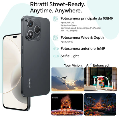 HONOR 400 Lite Smartphone 5G Dual SIM NFC, 108MP con pulsante AI telefono Android 15 , 6.7 pollici AMOLED Eye-Care Display , 5230 mAh,IP64&SGS, Velvet Black [Versione italiana]