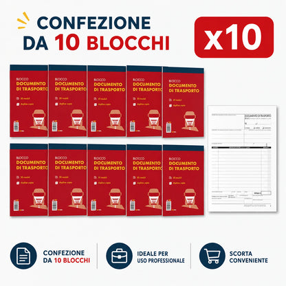 Confezione da 10 blocchi Documenti di Trasporto DDT 3 copie 15x23 cm, 50 fogli x 3 copie, moduli per spedizioni, consegne, magazzino e ufficio