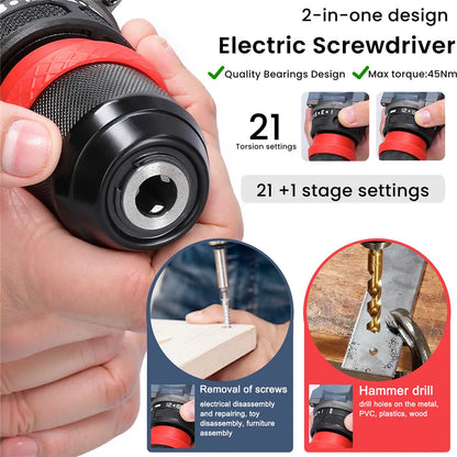 Trapano Cordless Brushless 16.8V 45Nm a 2 Velocità con Luce LED, Trapano Elettrico Ricaricabile per Fai-da-Te Domestico, Lavorazione del Legno e Foratura del Metallo con 2 Batterie da 1300mAh
