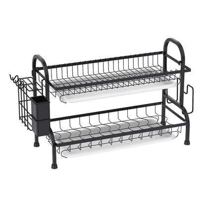 Scolapiatti a 2 livelli per il piano di lavoro della cucina, scolapiatti in metallo con vaschetta raccogli-acqua, rivestimento resistente alla ruggine, scolapiatti salvaspazio per piatti e posate.