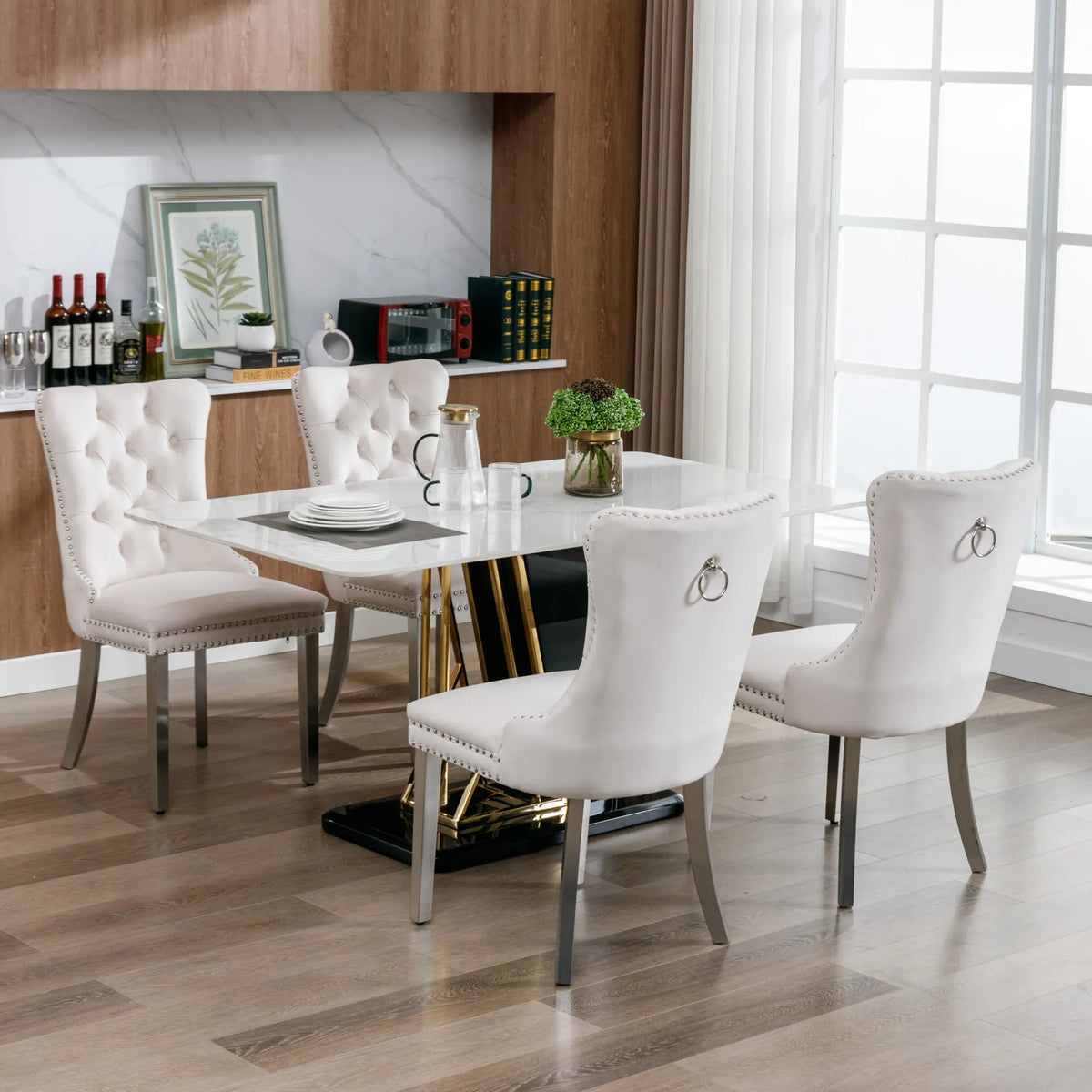 Set di 2 sedie da pranzo in velluto, sedie d’arredo imbottite, 50 cm di larghezza x 95 cm di altezza, con schienale alto e dettagli a bottoni, gambe in acciaio inossidabile cromato e finiture con borchie, sedie da pranzo mo