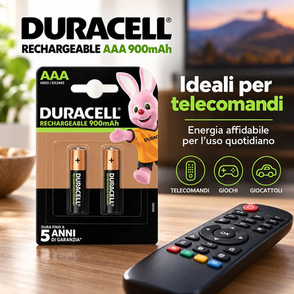 Confezione da 3 blister Duracell AAA Ricaricabili 900 mAh BL2, 2 batterie per blister, 6 pile ministilo ricaricabili totali