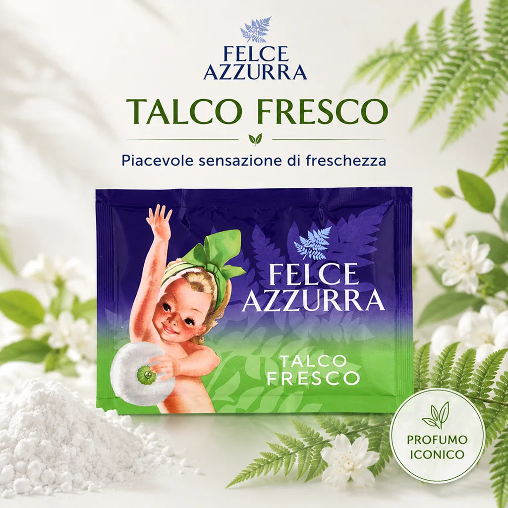 Confezione da 12 Felce Azzurra Talco Fresco in Busta 100 g, talco profumato per la cura quotidiana del corpo, 1,2 kg totali