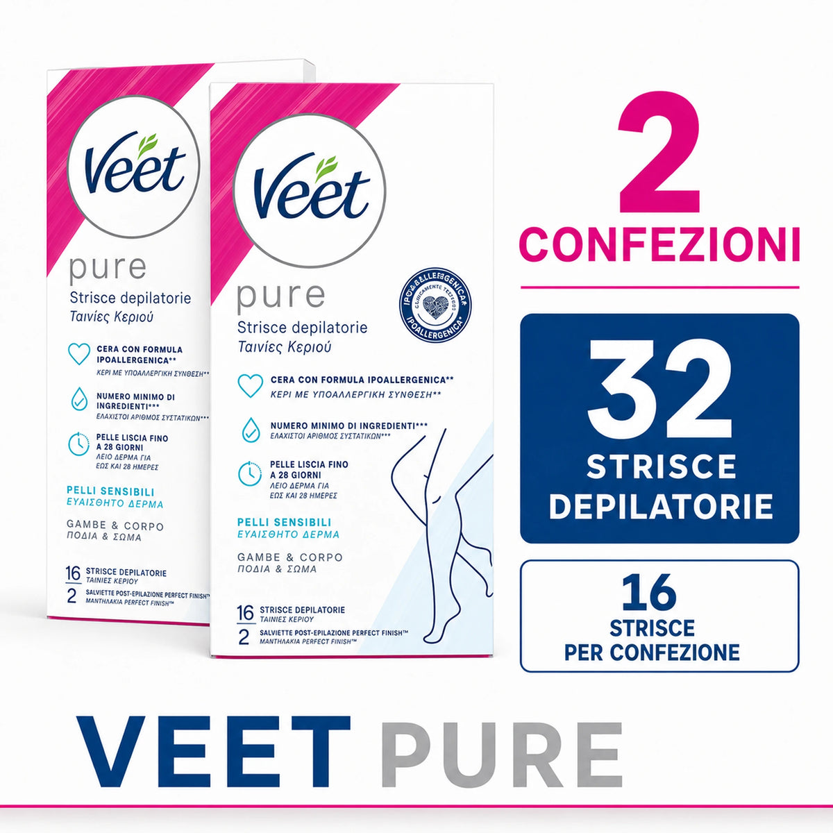 Veet Pure Strisce Corpo 16 pz Ipoallergeniche, strisce depilatorie per il corpo, varianti da 2, 3 o 5 confezioni, 32/48/80 strisce totali