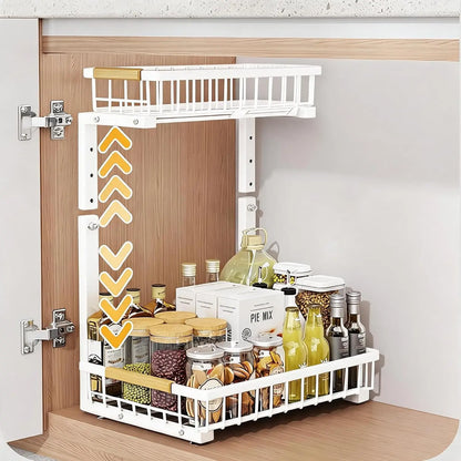 Organizzatore a 2 livelli sotto il lavello, scaffale scorrevole in acciaio al carbonio, mobiletto sottolavello in metallo, a forma di L, altezza regolabile, salvaspazio, ripiano estraibile per cucina e bagno, bianco