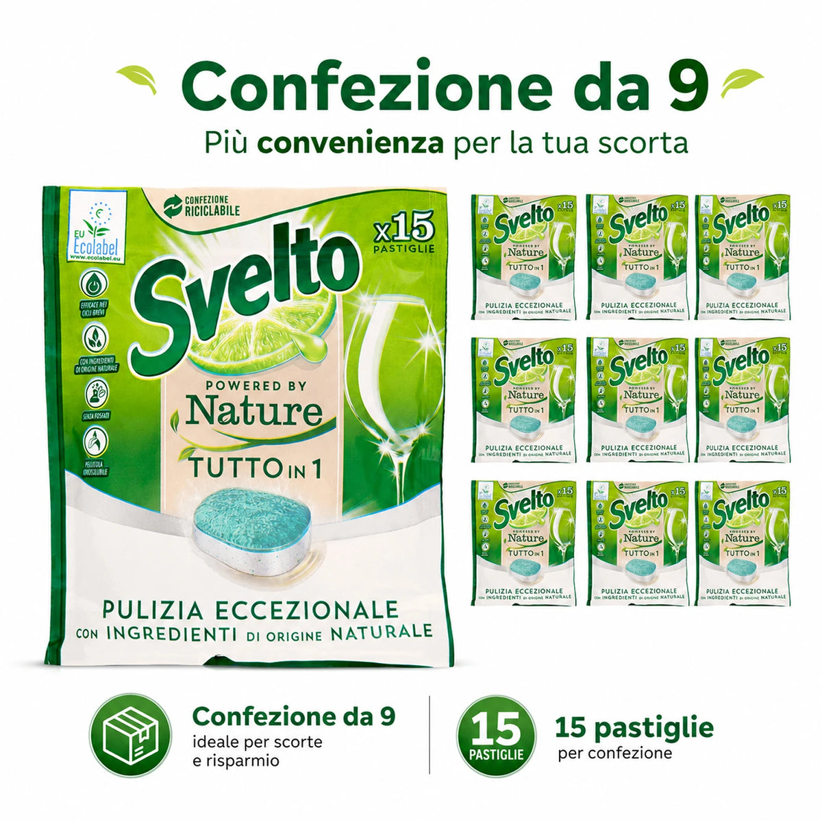Confezione da 9 Svelto Tabs Tutto in 1 Regular, pastiglie lavastoviglie 15 pezzi, formato scorta per cucina, casa e uso quotidiano