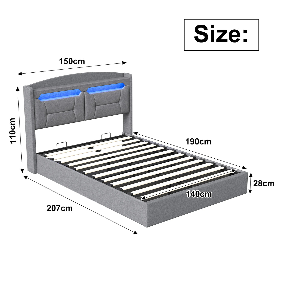 Anajqaqia, letto imbottito, dimensioni 140 x 190 cm, letto matrimoniale, letto con meccanismo idraulico, struttura letto per camere da letto di piccole dimensioni, letto per ragazzi, letto con ampio spazio contenitivo, letto